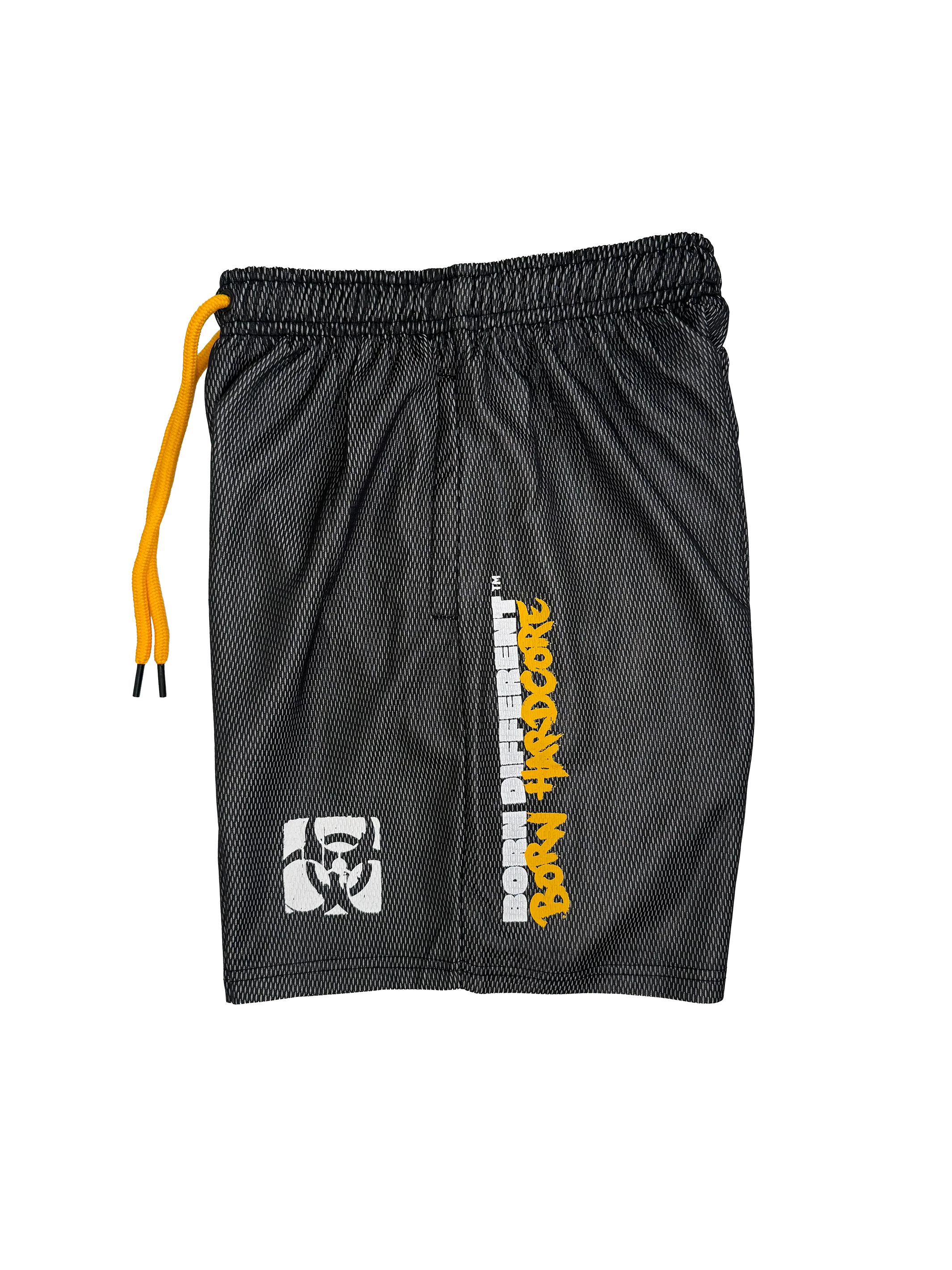MUTANT® BORN HARDCORE 5” GYM SHORTS (BLACK & YELLOW) - Image 2