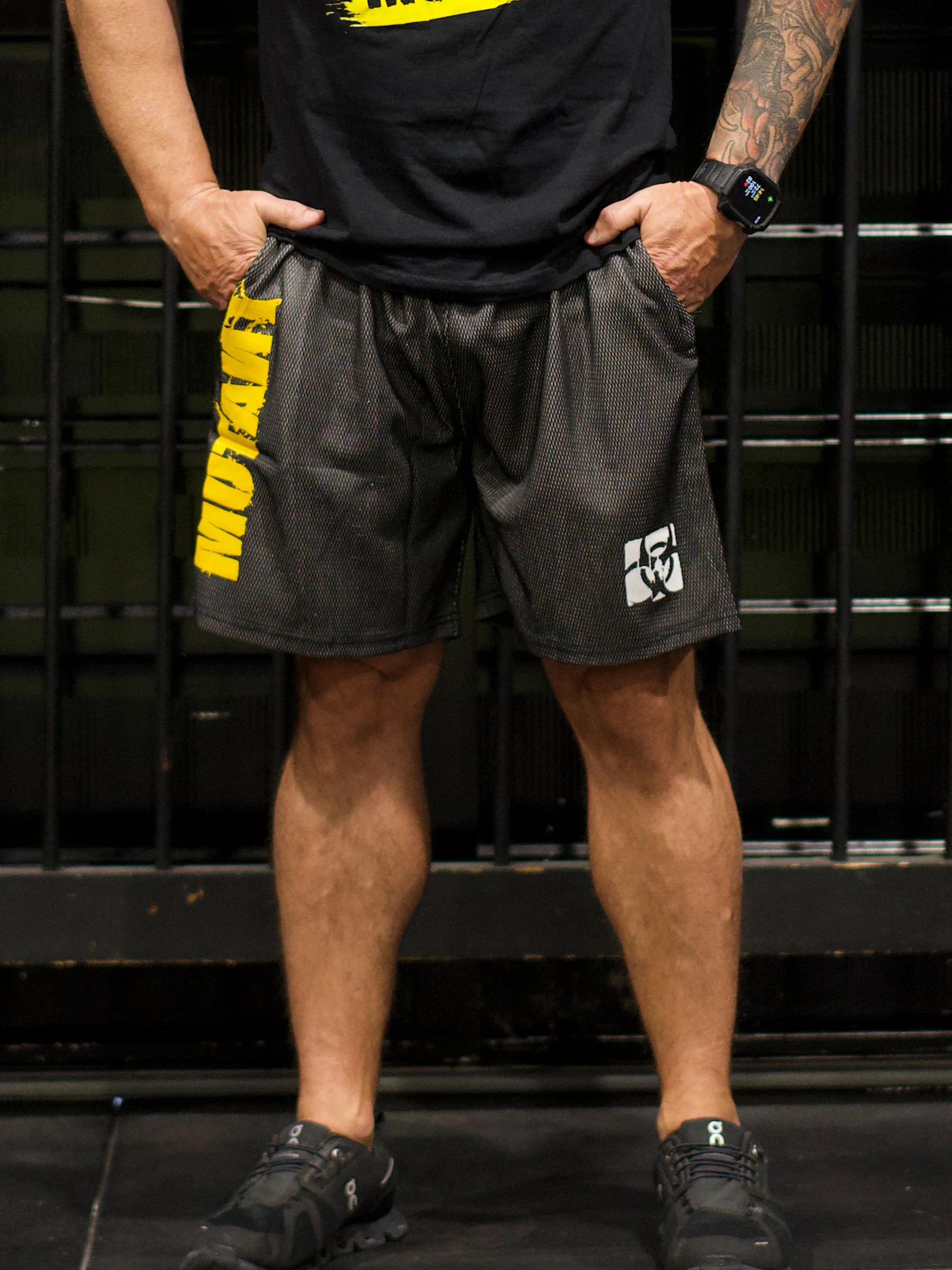 MUTANT® BORN HARDCORE 5” GYM SHORTS (BLACK & YELLOW) - Image 6