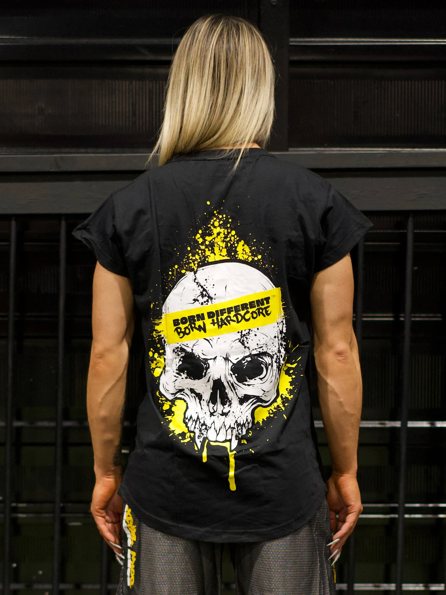 MUTANT® BORN HARDCORE WOMEN’S SKULL CAP SLEEVE GYM SHIRT (BLACK & YELLOW) - Image 4