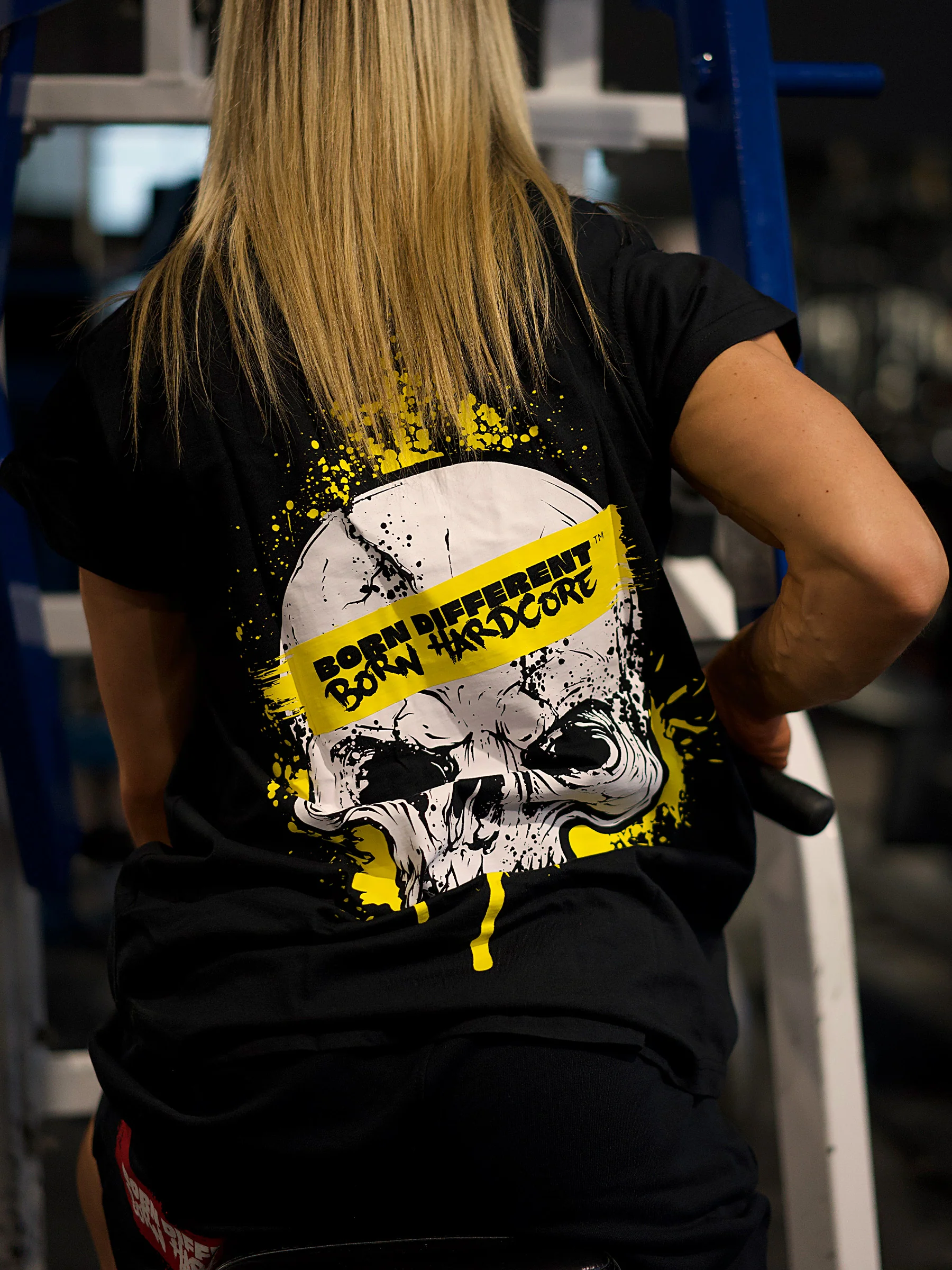 MUTANT® BORN HARDCORE WOMEN’S SKULL CAP SLEEVE GYM SHIRT (BLACK & YELLOW) - Image 7